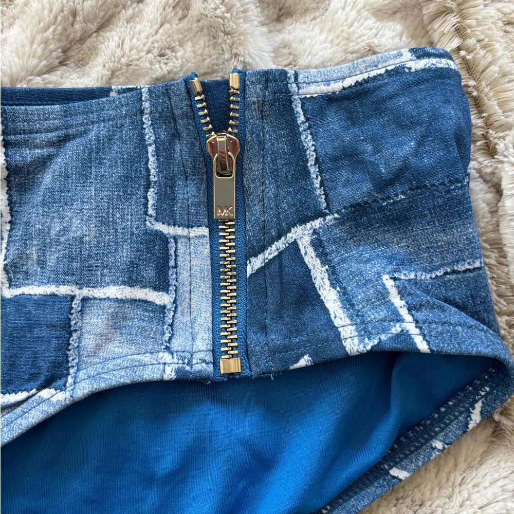 NWOT Michael Kors Patchwork Denim Blue Jean Bandeau Halter Bikini. Zipper Detail